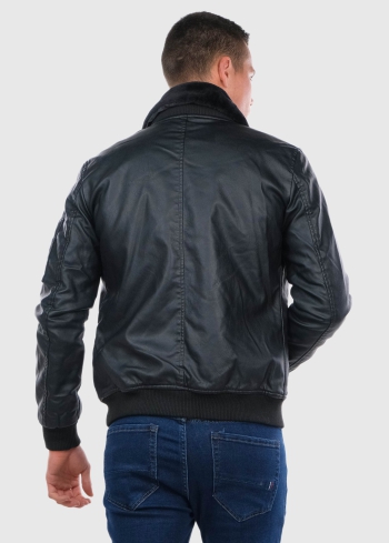 Faustino melna mākslīgās ādas jaka ar kažokādu - back