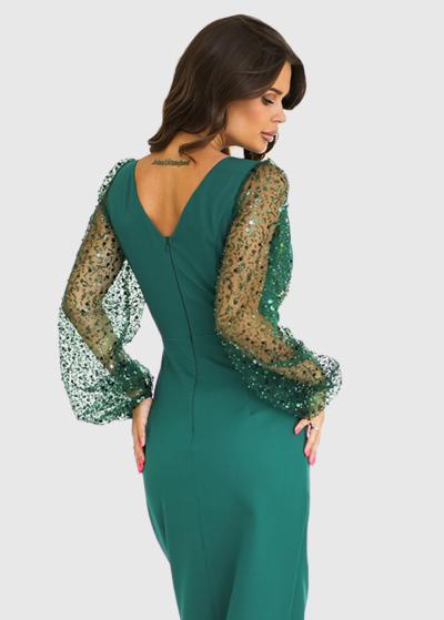 Zamira zaļa gara vakarkleita ar šķēlumu - back