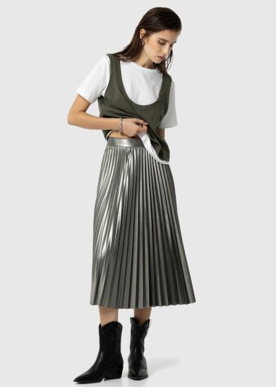 Pelēki plisēti svārki ar rāvējslēdzi sānā - back