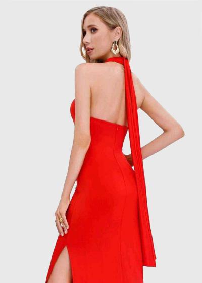 Isalie sarkana gara pieguļoša vakarkleita  - back