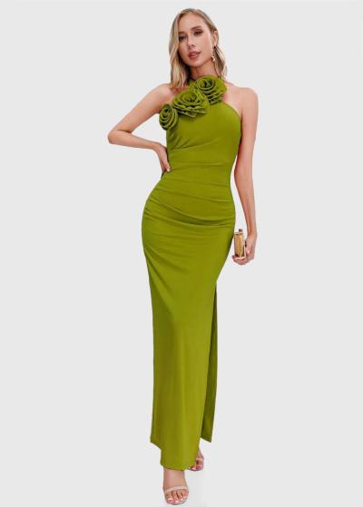 Isalie zaļa gara pieguļoša vakarkleita  - back