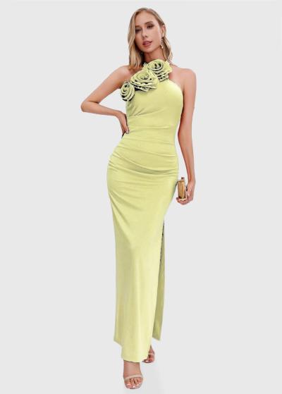 Isalie gaiši dzeltena gara pieguļoša vakarkleita  - back