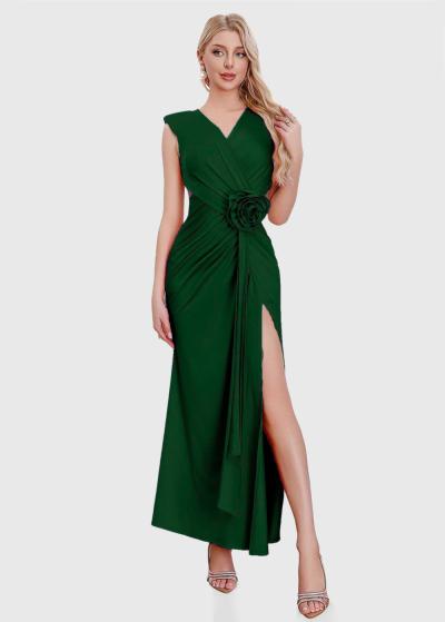 Junko tumši zaļa gara vakarkleita ar šķēlumu  - back