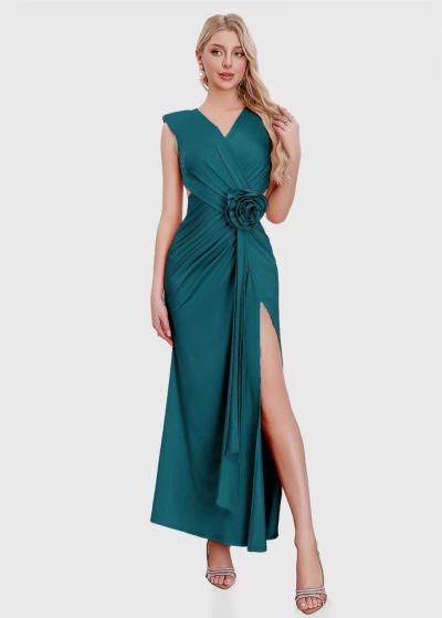 Junko zaļa gara vakarkleita ar šķēlumu  - back