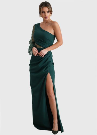 Tetsu zaļa gara vakarkleita uz viena pleca  - back