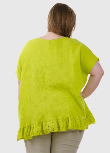 Piera Lielo izmēru neona zaļa blūze ar mežģīnēm - back