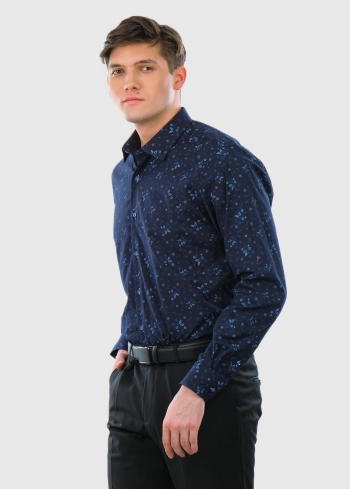 Slim Fit tumši zils vīriešu krekls ar printu - back