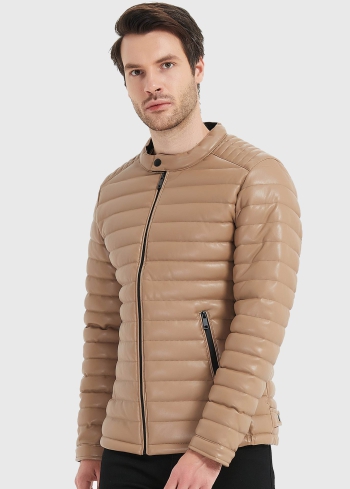 Bēša vīriešu stepēta mākslīgās ādas jaka - back