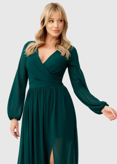 Nicolina dark green long evening dress