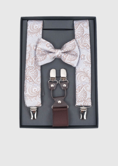 Beige set of suspenders and bow tie with pattern