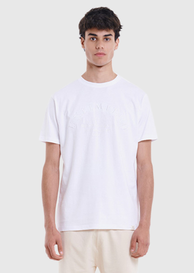 Isaac white men's t-shirt with a sign