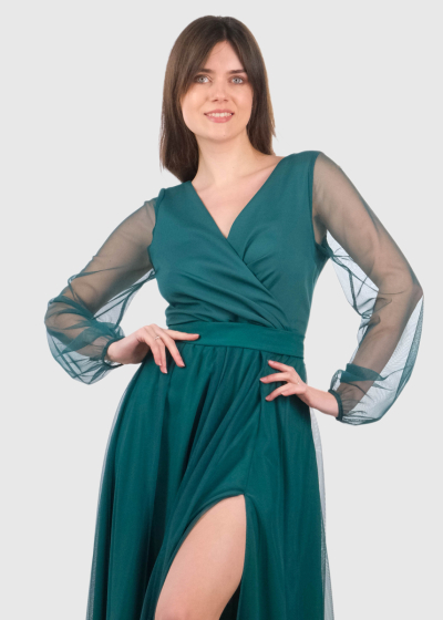 Nella green long sleeve evening dress