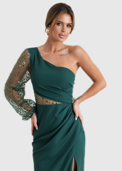 Akela green long one shoulder evening dress
