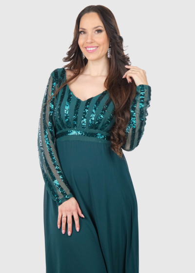 Imelda green long evening dress with rhinestones