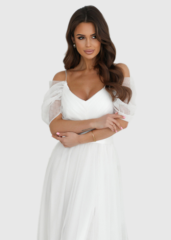 Cesaria white long off-shoulder evening dress