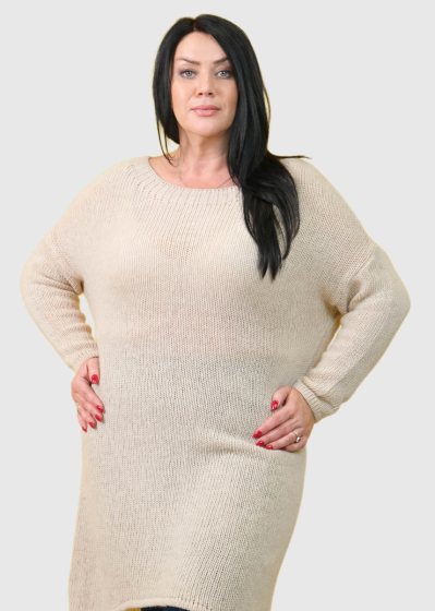Dasha Plus Size beige sweater dress with a dipped hem