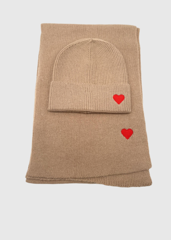 Hope light brown scarf and hat with heart