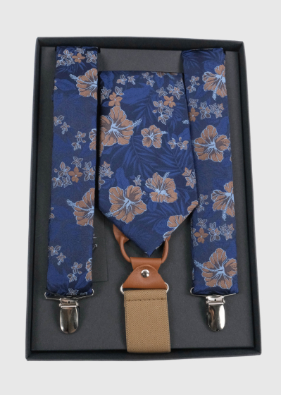 Blue set of suspenders and tie with floral print