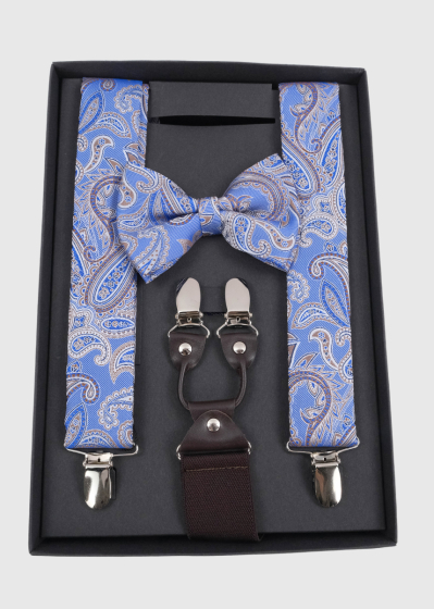 Light blue set of suspenders and tie with pattern