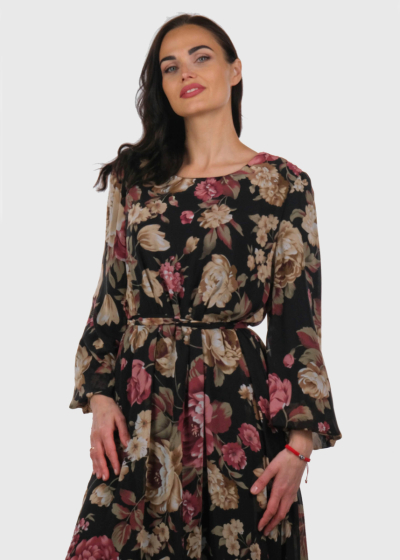 Devi black long printed evening dress