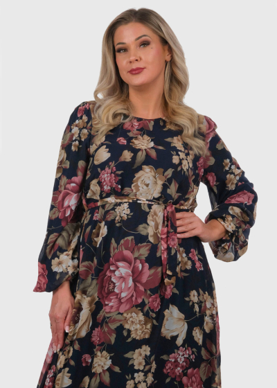 Devi dark blue long printed evening dress