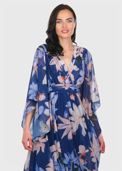 Effie blue long evening dress in floral print