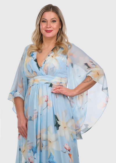 Effie light blue long evening dress in floral print