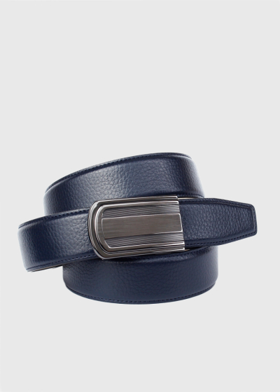 Dark blue leather men's belt with metal buckle
