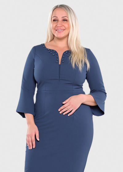 Zulfiya Plus Size blue three quarter sleeve evening dress