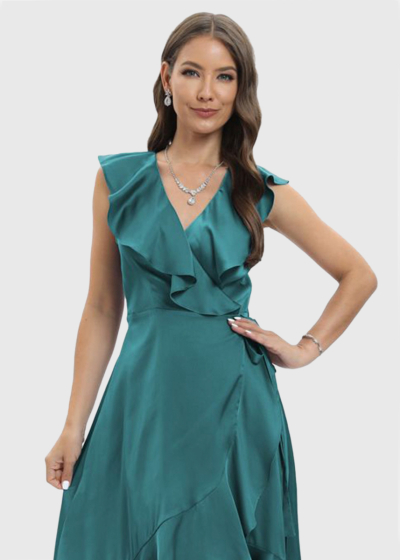 Inna green evening dress with frill details