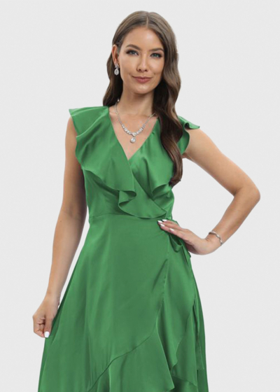 Inna green evening dress with frill details