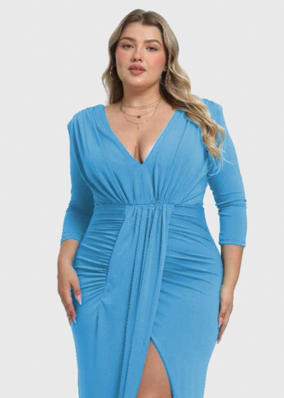 Ivica Plus Size light blue long evening dress with split