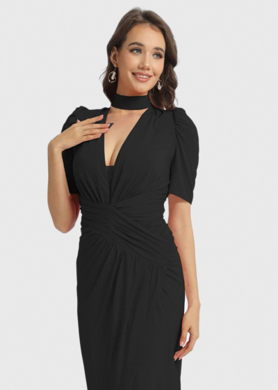 Ichika black evening dress with asymmetric hem
