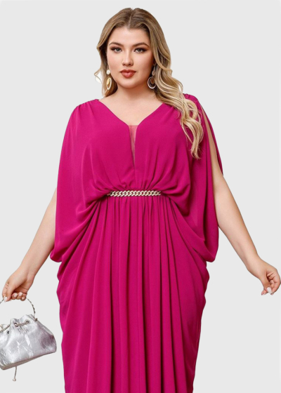 Irini Plus Size pink long evening dress with chain