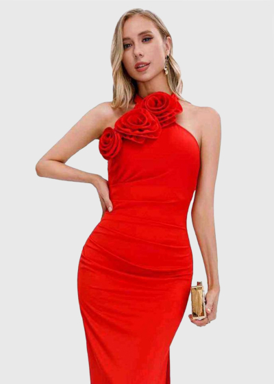 Isalie red long fitting evening dress