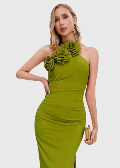 Isalie green long fitting evening dress