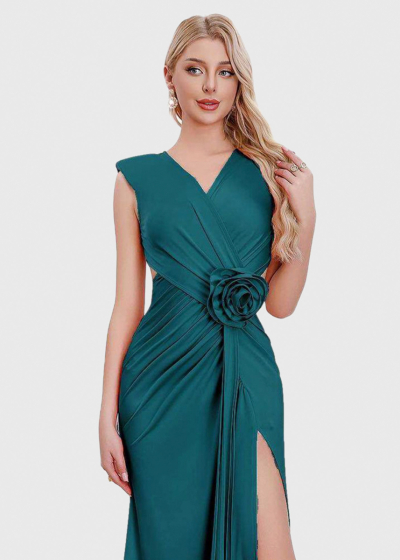 Junko green long evening dress with split