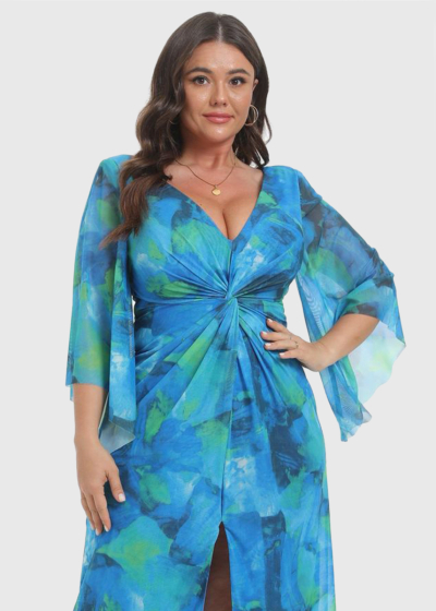 Janelle Plus Size blue evening dress with split