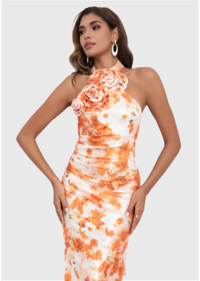 Jale orange long printed evening dress