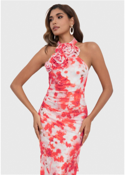 Jale pink long printed evening dress