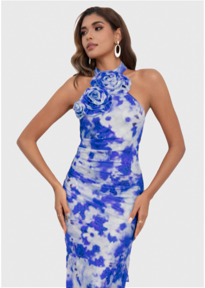 Jale blue long printed evening dress