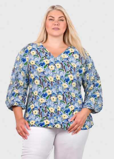 Kalyani Lielo izmēru zila blūze ar ziedu rakstu 