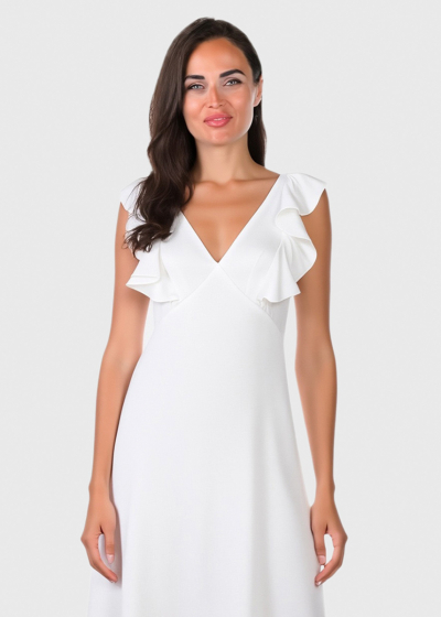 Velta white long evening dress with frill details