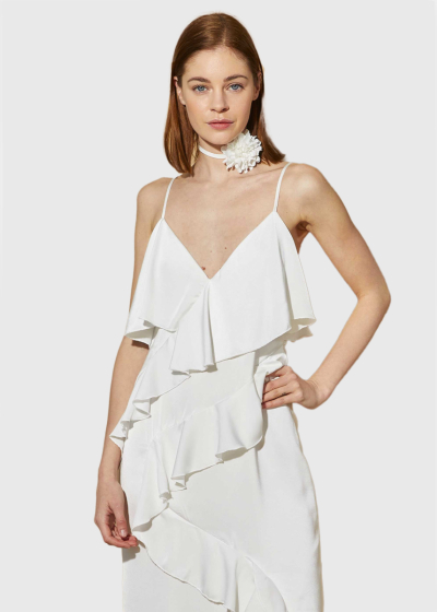 Vanessa white evening dress with frill details