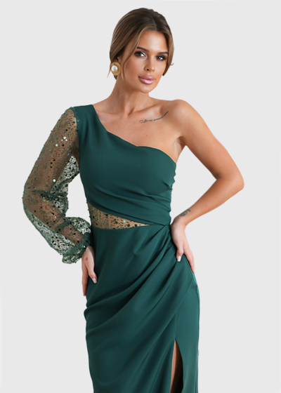 Tetsu green long one shoulder evening dress