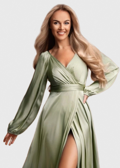 Sasha light green long evening dress with split