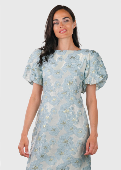 Raina light blue short printed evening dress