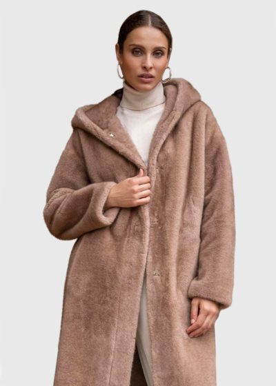 Lada light brown faux fur coat with hood