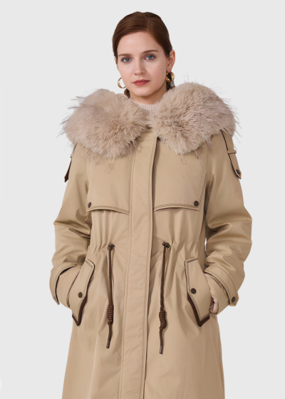 Lean beige longline parka with hood
