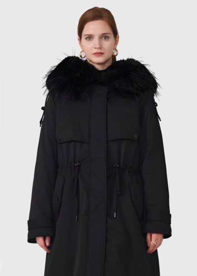 Lean black longline parka with hood